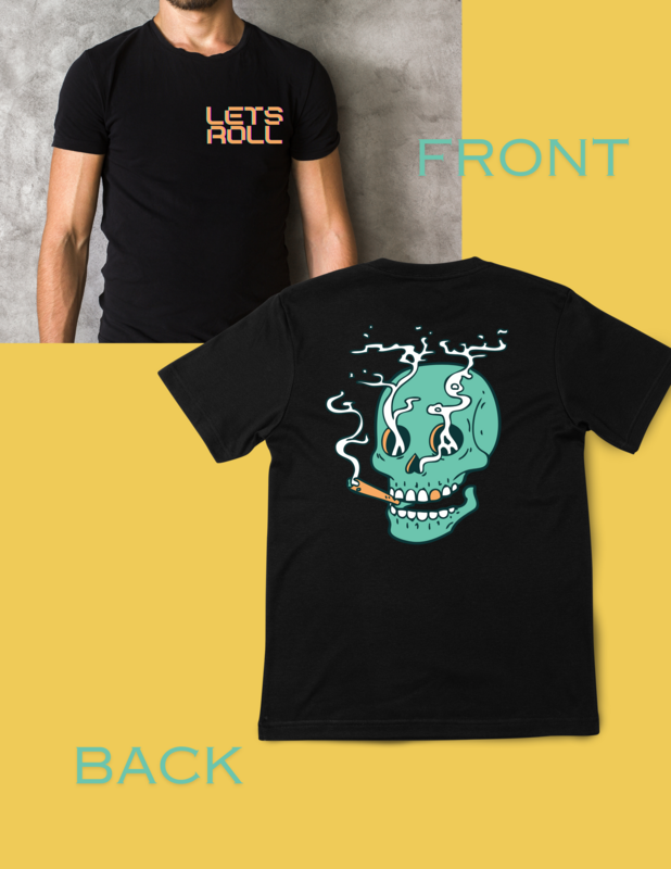 Let&#39;s Roll Smoking Skull Marijuana Graphic T-Shirt