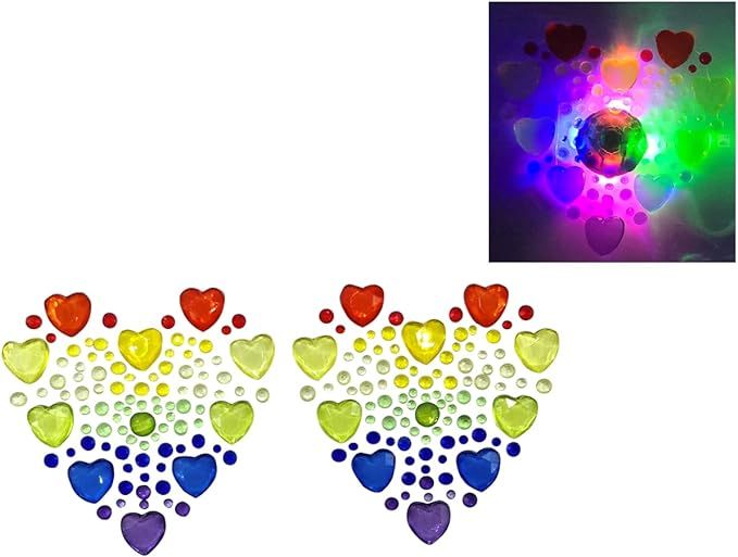 LED Light Up Rainbow Heart Sexy Rhinestone Pasties Nipple Covers Self Adhesive Reusable