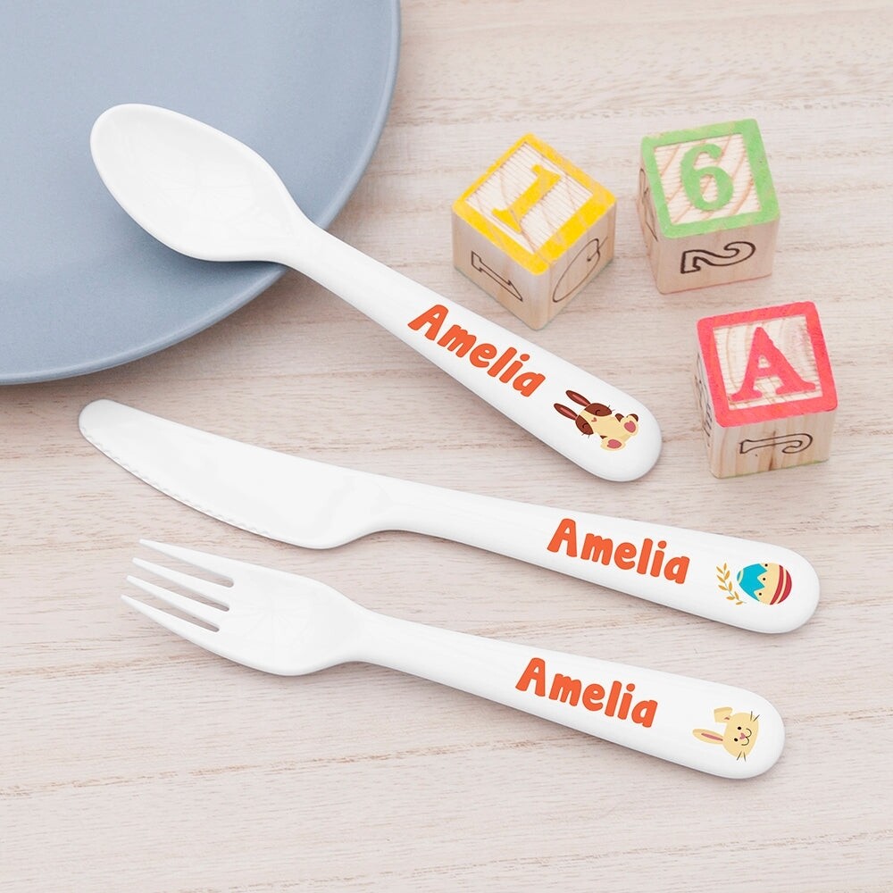 Personalised Kids Spring Bunny Cutlery Set - Plastic