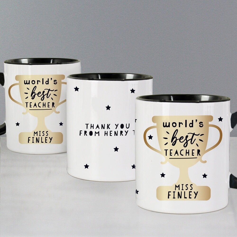 Personalised World&#39;s Best Teacher Trophy Black Handled Mug