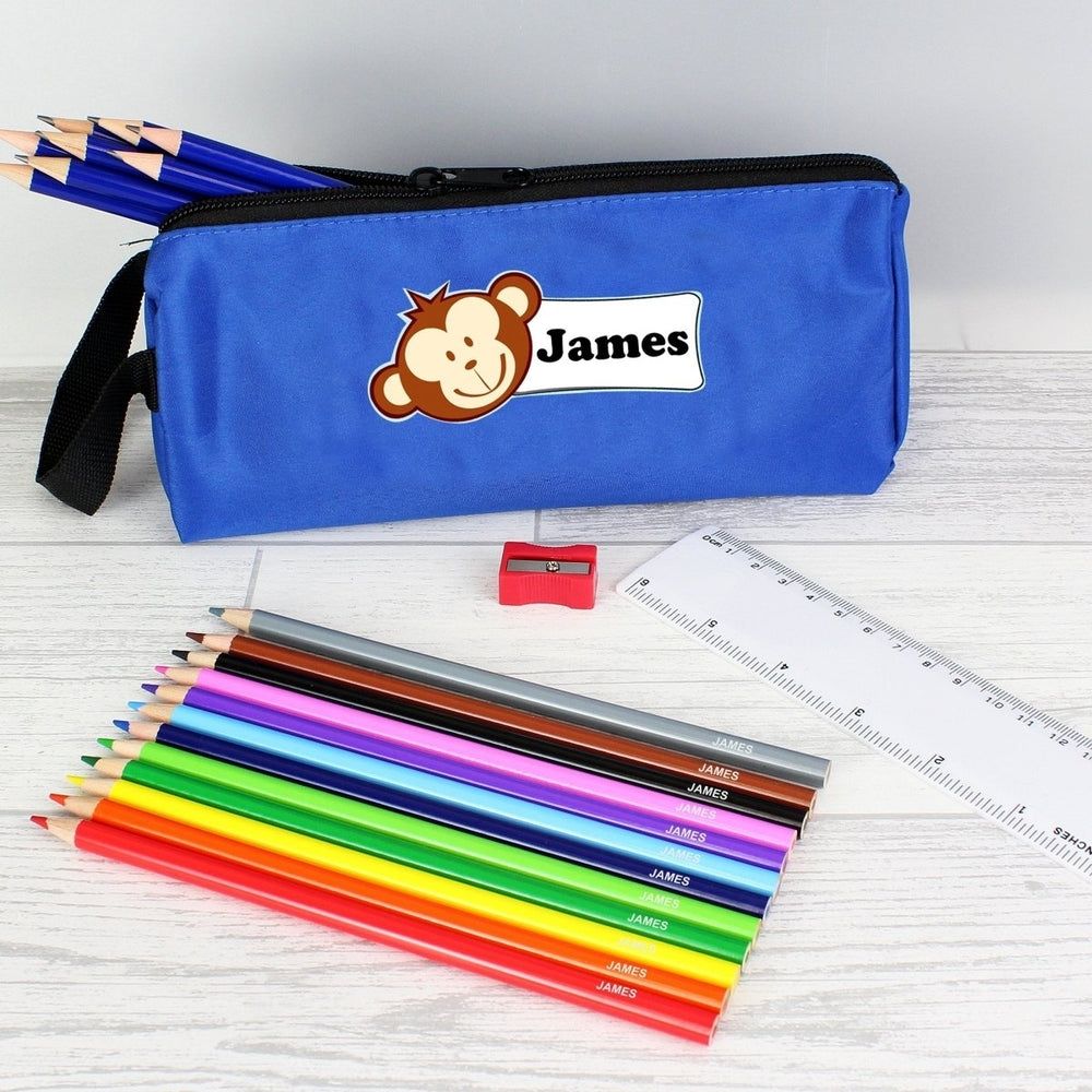 Blue Monkey Pencil Case With Personalised Pencils &amp; Crayons