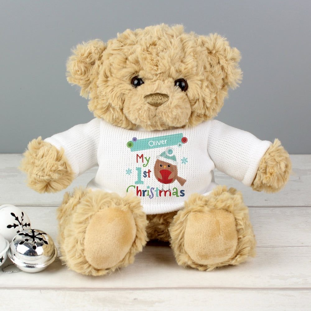 Personalised Felt Stitch Robin &#39;My 1st Christmas&#39; Teddy Bear