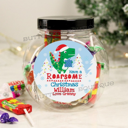 Personalised Dinosaur &#39;Have A Roarsome Christmas&#39; Sweet Jar