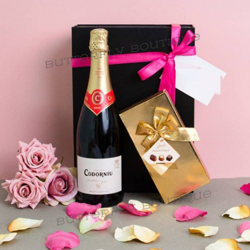 Cava Brut Sparkling Wine and Belgian Chocolates Gift