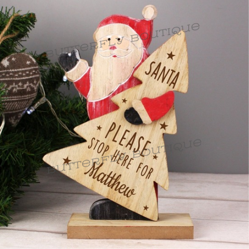 Personalised Santa Stop Here Wooden Santa Decoration
