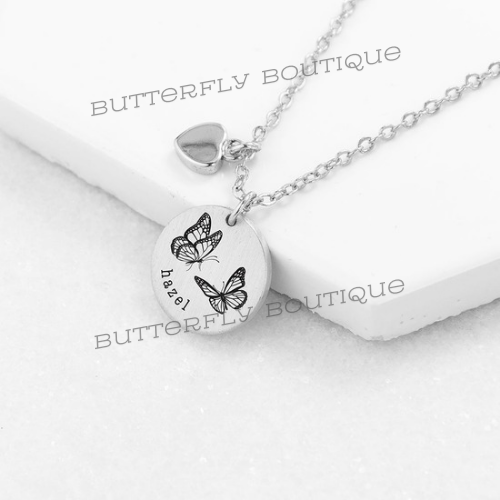 Personalised Butterfly Dance Matte Heart &amp; Disc Necklace
