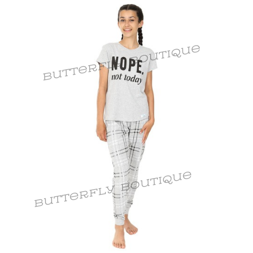 Girls Cheeky Nope Not Today Checked Long Cotton Pyjamas