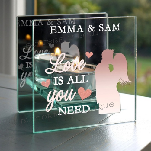 Personalised &#39;Love Is All You Need&#39; Mirrored Glass Tea Light Candle Holder
