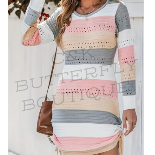 Multi colour striped eyelet runched sweater dress