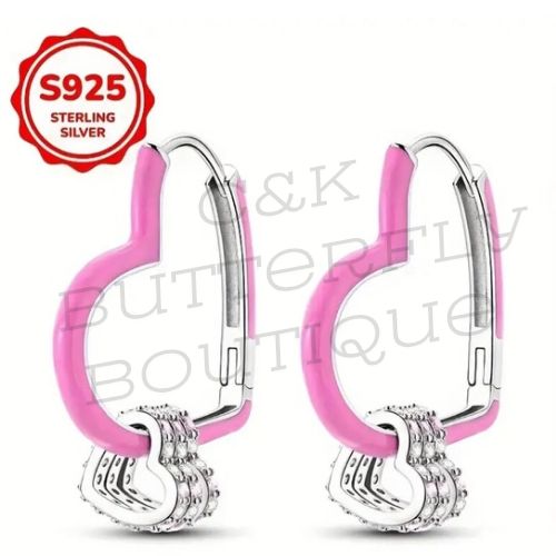 Silver and pink heart shapes earrings hoops