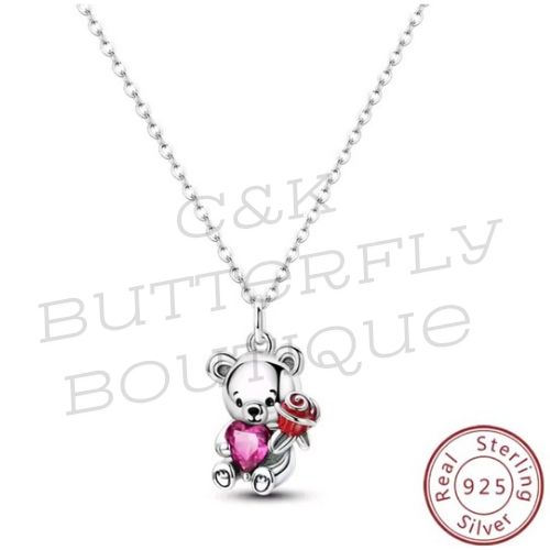 Bear with heart and rose necklace