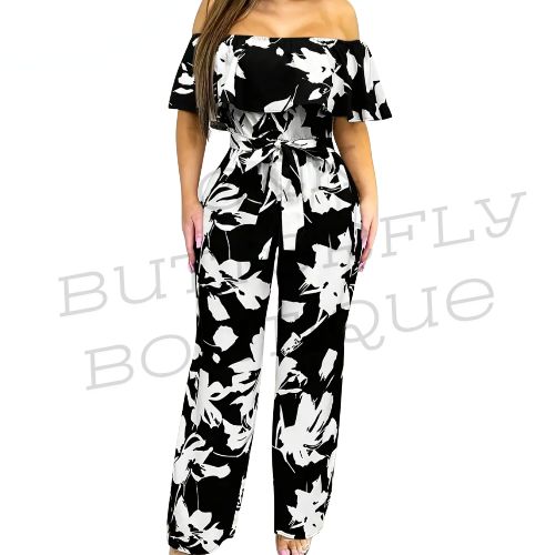 Chic floral print off shoulder jumpsuit
