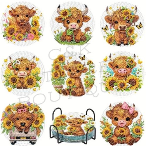 8pc Highland cow coasters diamond art