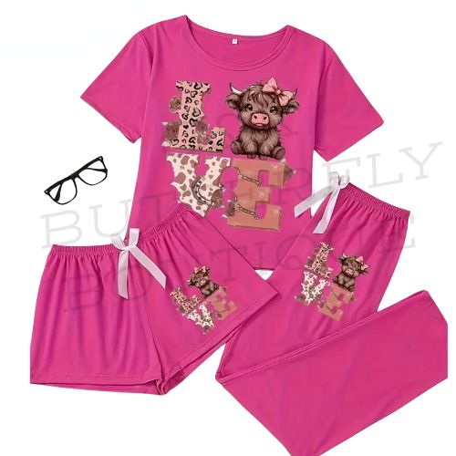 Plus size Women’s Pink Pajama Set – Highland Cow “LOVE” Print 🐮💕