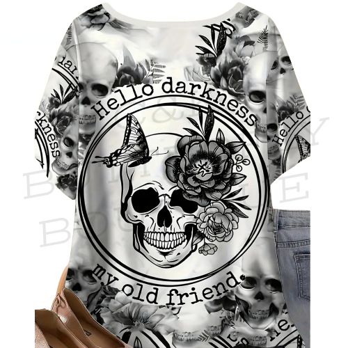 Plus size Gothic Skull &amp; Floral Graphic Tee – “Hello Darkness My Old Friend” 🌑💀🌸