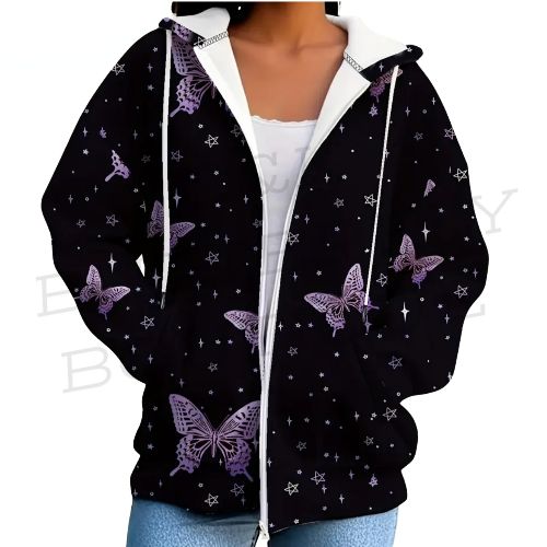 Plus size Women’s Butterfly Print Zip-Up Hoodie – Casual Streetwear Style 🦋✨