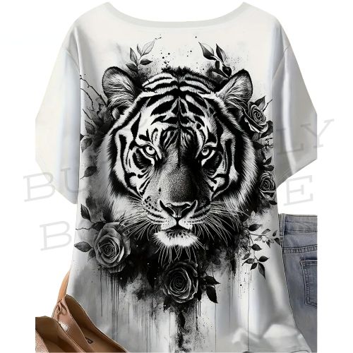 Plus size Women’s Tiger Graphic T-Shirt – Black Rose Art Print 🐅🌹