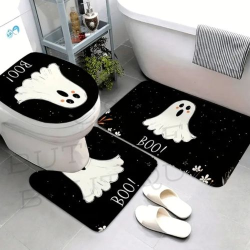 Halloween Ghost Bathroom Set – 3-Piece “BOO!” Rug &amp; Cover Set 👻🕸️