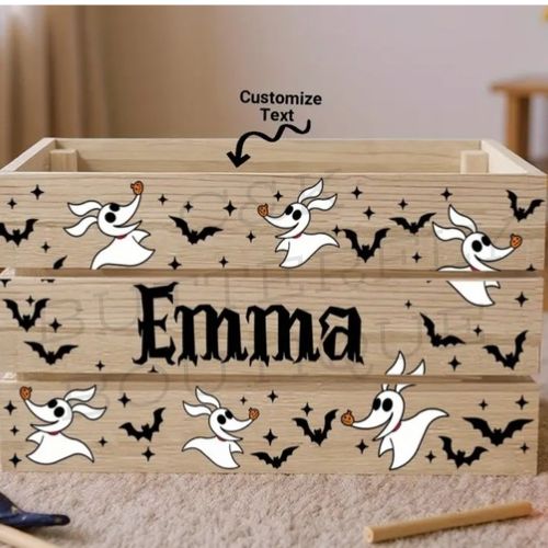 Personalized Halloween Wooden Crate – Ghost &amp; Bat Trick-or-Treat Box 🦇✨