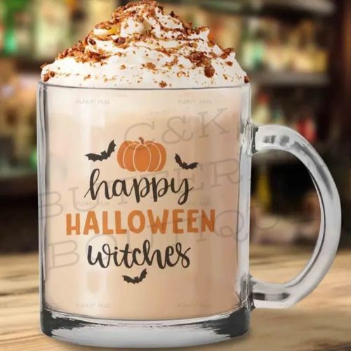 Happy Halloween Witches Glass Mug – Spooky Pumpkin Coffee Cup 👻✨