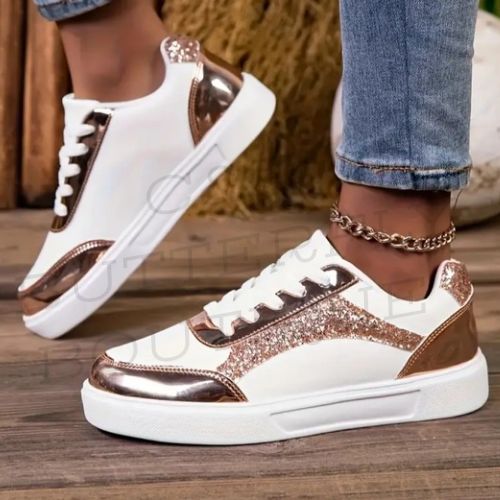 Women’s White &amp; Rose Gold Glitter Sneakers – Casual Fashion Trainers ✨👟
