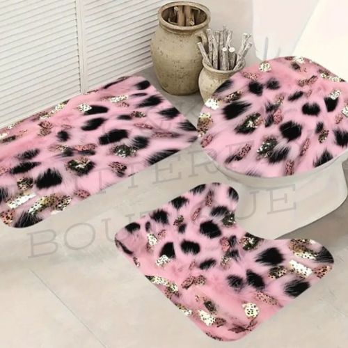 3-Piece Pink Leopard Print Bathroom Set – Toilet Lid Cover, Contour Mat &amp; Bath Rug 🐆💖