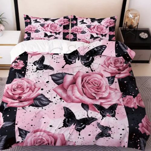 Pink Rose &amp; Butterfly Bedding Set – Elegant Duvet Cover with Pillowcases 🖤🌹