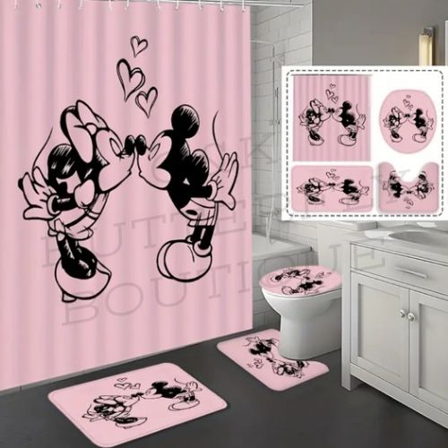 Pink Cartoon Couple Bathroom Set – Shower Curtain &amp; Mats 💕