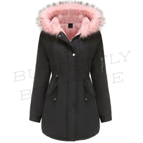 Plus size Women’s Winter Parka Coat with Faux Fur Hood – Black or Grey with Pink Lining ❄️💕
