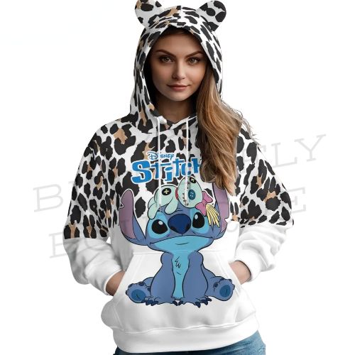 Disney Stitch Hoodie with Ears – Cute Cow Print Pullover 🐾💙