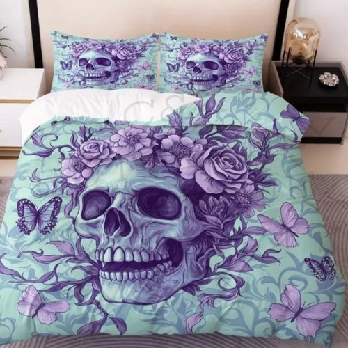 Skull &amp; Floral Duvet Cover Set – Gothic Butterfly Bedding 🦋💀🌹