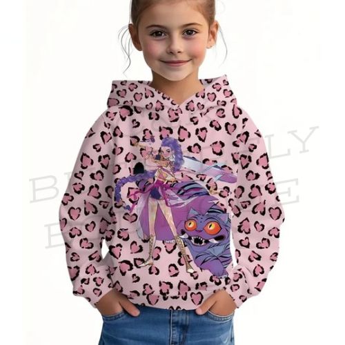 Girls’ Anime Character Hoodie – Pink Leopard Print