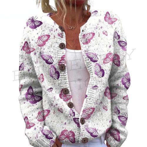 Women’s Butterfly Print Knit Cardigan – Button Down Sweater 💜