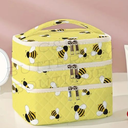 Bee Print Quilted Cosmetic Bag – Travel Makeup Organizer with Handle 💛