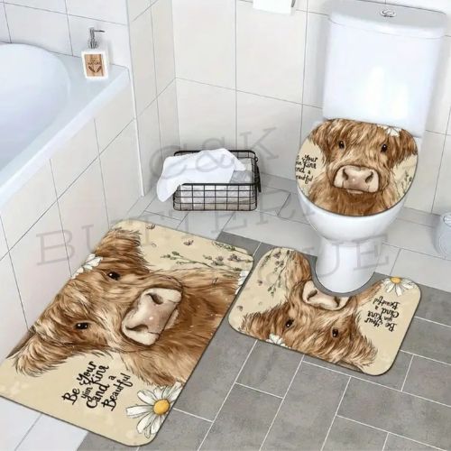 Highland Cow Bathroom Set – 3-Piece Mat &amp; Toilet Cover Set 🤎✨