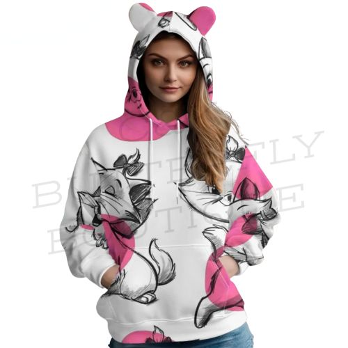 Cute Cat Print Hoodie with Ears – Women’s Graphic Pullover 🎀🐾
