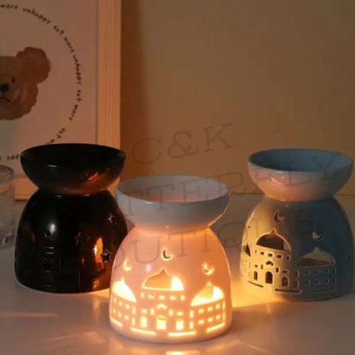 Ceramic Oil Burner &amp; Wax Warmer – Hollow Design with Candlelight Glow ✨🌙