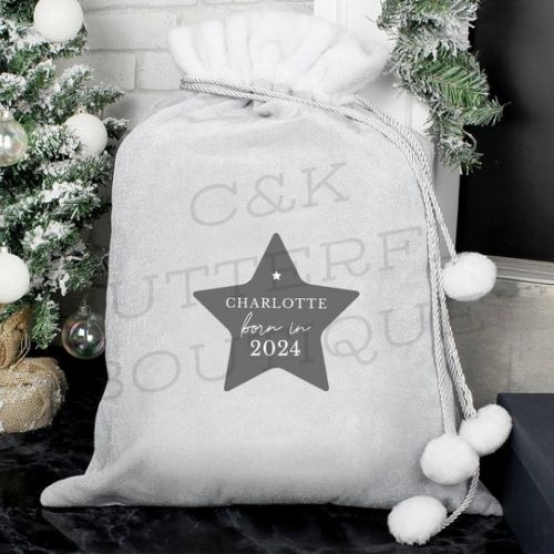 Personalised Born In Luxury Silver Christmas Grey Pom Pom Children's Christmas Sack