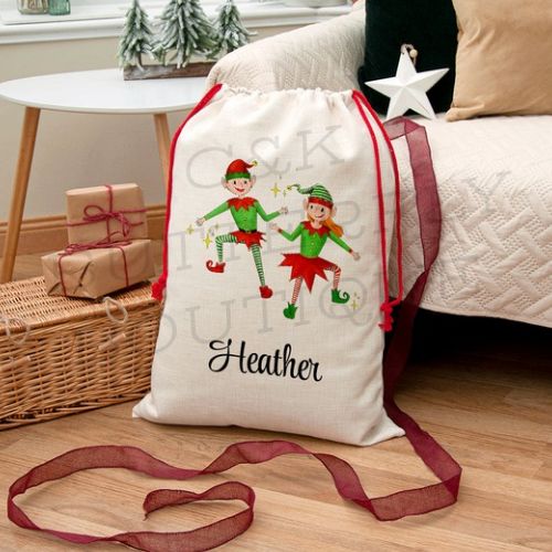 Personalised Playful Elves Christmas Sack