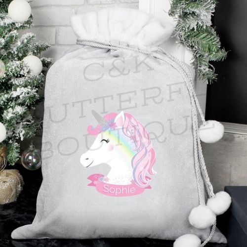 Personalised Christmas Unicorn Luxury Silver Grey Pom Pom Sack
