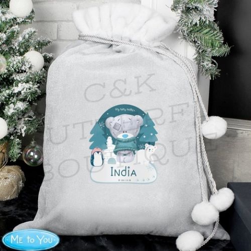 Personalised Winter Explorer Tiny Tatty Teddy Luxury Silver Grey Pom Pom Sack
