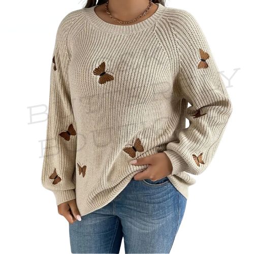 Plus size Butterfly Embroidered Knit Sweater – Women’s Casual Pullover 🌼🦋
