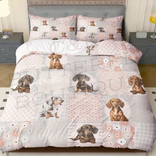 Dachshund Dog Bedding Set – Patchwork Puppy Duvet Cover with Pillowcases 🌸🐾