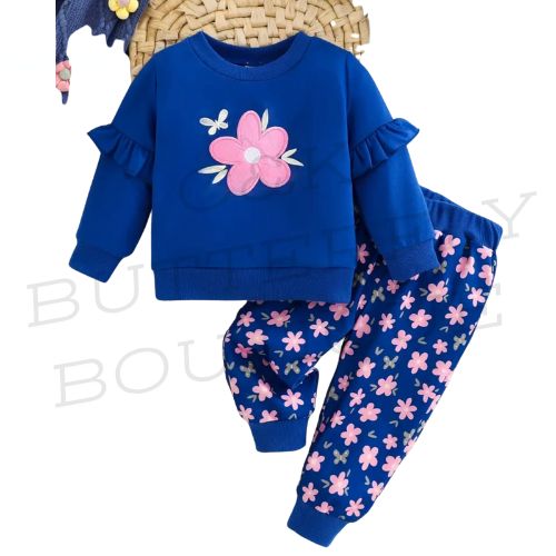 Toddler Girl 2-Piece Outfit – Blue Floral Sweatshirt &amp; Pants Set 👧🌸