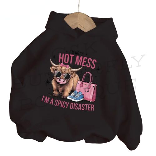 Highland Cow Girls Hoodie – “I’m Not a Hot Mess, I’m a Spicy Disaster” 🌟🐮