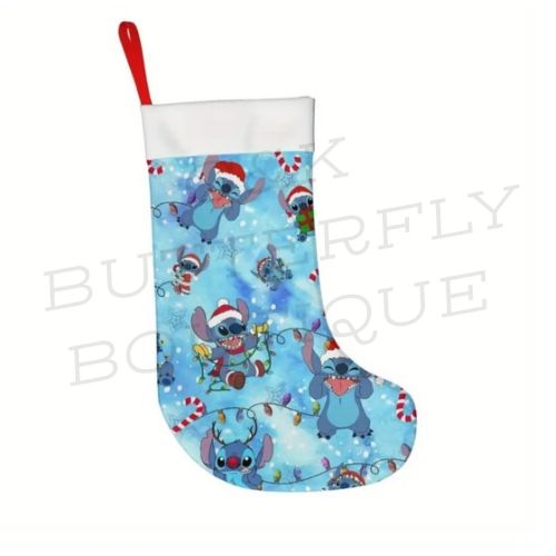 Stitch Christmas Stocking – Blue Holiday Decor with Santa Hat Design 🎅💫
