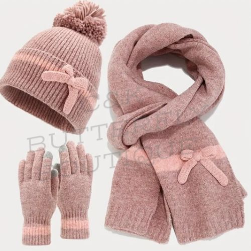 3-Piece Winter Knit Set – Hat, Scarf &amp; Gloves with Bow Detail ❄️✨