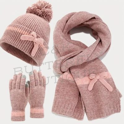 3-Piece Winter Knit Set – Hat, Scarf &amp; Gloves with Bow Detail ❄️✨