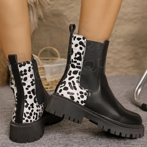 Chunky Chelsea Ankle Boots – Black &amp; Animal Print