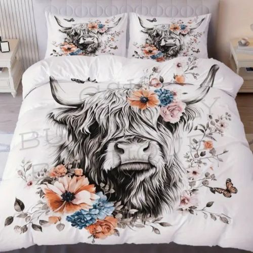 Floral Highland Cow Duvet Cover Set